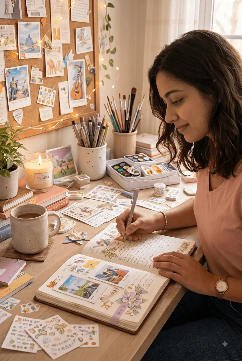 Woman journaling at a cozy creative desk with stickers and stationery