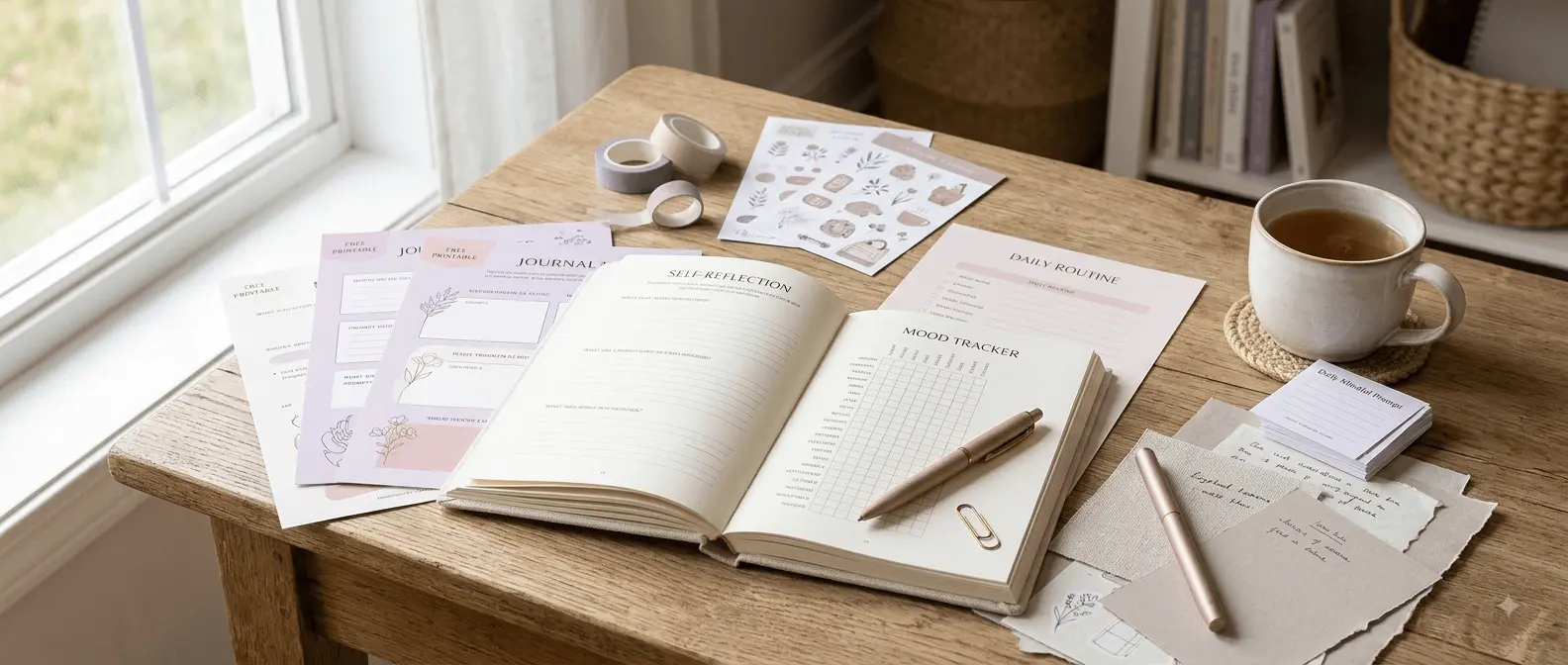 Printable journal pages, self-reflection journal and mood tracker on a cozy desk