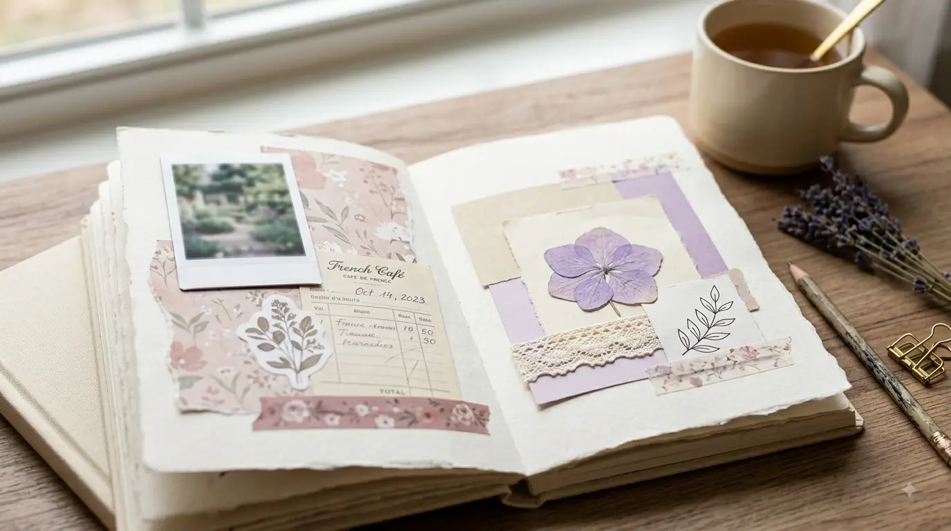 Open journal with photos, stickers, paper scraps and a pressed flower for journaling without writing